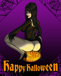 1girls ass black_hair blue_eyes butt clothed e-ward elvira elvira:_mistress_of_the_dark female female_only halloween high_heels long_hair masturbation partially_clothed partially_nude pinup pumpkin solo wink winking_at_viewer