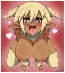 ahegao animal_ears animal_legs big_breasts blush blush_lines brown_skin caprine dark-skinned_female dark_skin fingerless_gloves fur_collar gloves goat goat_ears goat_horns gold_hair golden_hair heart heart_eyes horns long_sleeve_gloves long_sleeves monster_girl monster_musume_no_iru_nichijou nipples open_mouth pointy_ears red_eyes saane_(monster_musume) satyr scarf shine shiny shiny_hair shiny_skin simmsy stockings sweat sweatdrop thick_thighs tongue tongue_out yellow_fur yellow_hair