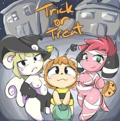 :3 animal_crossing breasts cherry cherry_(animal_crossing) furry halloween lewdenant_dan maple marshal_(animal_crossing) nintendo nipples pussy rule_63 thick_thighs thighs year_request