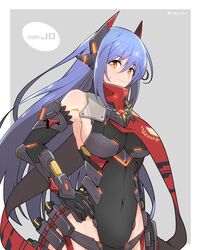 artist_name black_leotard blue_hair breasts character_name covered_navel eyebrows_visible_through_hair female gloves grey_background headpiece highres large_breasts leotard long_hair looking_at_viewer mochimochi_(xseynao) nintendo orange_eyes poppi_(xenoblade) poppi_qtpi_(xenoblade) red_scarf scarf sideboob smile upper_body xenoblade_(series) xenoblade_chronicles_2