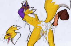 animal_genitalia animal_penis anthro arms_tied balls big_balls big_penis black_sclera blue_eyes blush bodily_fluids bound cum cum_in_mouth cum_inside digimon digimon_(species) disembodied_penis drooling duo equid equine equine_penis erection excessive_cum fur genital_fluids genitals hi_res horse inflation looking_pleasured male male/male male_anthro male_renamon mammal mottled mottled_genitalia mottled_penis open_mouth penis renamon rope rotten_owl saliva simple_background traditional_media_(artwork) white_background white_body white_fur yellow_body yellow_fur