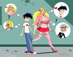 1boy 1girls ? beltskirt black_hair blonde_hair blue_eyes blue_gloves blue_shirt blue_skirt breasts bust busty cleavage collarbone commission crossover danny_fenton danny_phantom erotica_jones eye_mask female hero heroine huge_breasts human humanoid light-skinned_female light_skin marvel massive_ass nickelodeon red_lips standing stripperella voluptuous