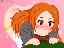 ass bleach blowjob dark-skinned_male fellatio inoue_orihime interracial kurotatsuo panties panties_around_leg school_uniform