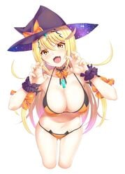 1girls bikini black_bikini blonde_hair breasts daive female gem hair_ornament halloween halloween_costume hat headpiece highres jewelry large_breasts long_hair mythra nintendo orange_bikini swimsuit tagme tiara very_long_hair witch_hat xenoblade_(series) xenoblade_chronicles_2 yellow_eyes