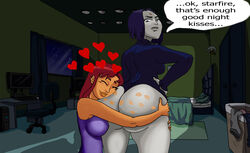 2girls ass ass_worship color colored dc dc_comics english_text female female_only multiple_girls raven_(dc) speech_bubble sssfapper starfire straight_hair superheroine teen_titans yuri