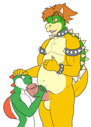 balls bowser dinosaur duo erection gay green_shell horns interspecies khranok koopa male male_only mario_(series) nintendo no_humans nude oral penis reptile scalie sex shell spiky_shell straight_hair tongue tongue_out yoshi