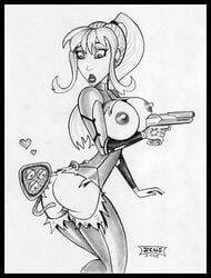 ass black_and_white female human metroid metroid_(creature) monochrome nintendo nipples samus_aran sketch torn_clothes zero_suit zeus(artist)