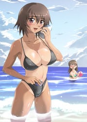 2girls azumanga_daiou beach beach_ball big_breasts bikini black_bikini blush brown_eyes brown_hair cleavage clouds female female_only human japanese kagura_(azumanga_daiou) large_breasts multiple_females navel ocean shinozuka_jouji small_breasts soda_can swimsuit tan tanline tomo_takino water wet