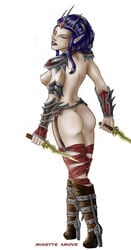 1girls ass breasts dagger dark_elf druchii elf elf_ears elf_female female female_only high_heel_boots holding_weapon minetteamour nipples partially_clothed solo solo_female standing tagme warhammer_(franchise) warhammer_fantasy white_background witch_elf