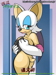 anthro ass bat female female_only holding_clothing huge_eyes looking_back maniacal_carrot mostly_nude rouge_the_bat solo sonic_(series) standing tagme toony white_gloves