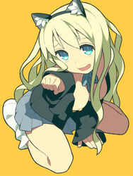 animal_ear blonde_hair blue_eyes breasts cat_pose female footwear human human_only k-on! kneeling large_breasts long_hair open_clothes open_shirt paw_pose pomelocandy school_uniform shirt skirt socks solo tsumugi_kotobuki_(k-on!)