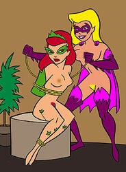 2girls arms_behind_back batgirl batman_(series) batman_and_robin bondage breasts dc dc_comics defeated_villainess female female_only multiple_girls nipples pamela_isley poison_ivy