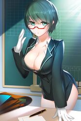 :o bag bra breasts chalkboard cleavage collarbone female formal glasses gloves green_eyes green_hair highres large_breasts linda_(sword_girls) looking_at_viewer miniskirt pen pencil_skirt red-framed_glasses shiny shiny_skin short_hair skirt snowball22 solo suit sword_girls teacher underwear white_gloves