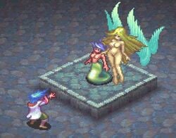 1boy 2girls bleu blonde_hair blue_hair breasts breath_of_fire breath_of_fire_iii clothed_male_nude_female deis female lamia large_breasts long_hair lowres male monster_girl multiple_females myria naga nude nude_female official_art pixel_art ryuu_(breath_of_fire_iii) scales screenshot thighs tyr wide_hips