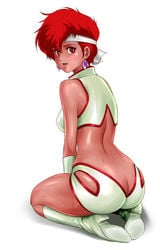 1girls 2009 anus ass ass_cleavage boots butt_crack dark-skinned_female dark_skin dirty_pair earrings female headband highres jewelry kei_(dirty_pair) keso knee_boots looking_back oldschool red_eyes red_hair seiza short_hair simple_background sitting smile solo sweat tan_skin white_background