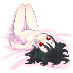 bed_sheet blush breasts cave_story flat_chest green_hair highres hirasato misery_(cave_story) nipples nude on_back red_eyes thigh_gap thighs upside-down