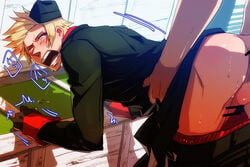 2boys anal axis_powers_hetalia bent_over blonde_hair censored clothed_sex denmark_(hetalia) forced_yaoi penis rape restrained sex yaoi