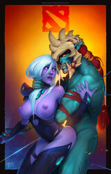 1boy 1girls ambiguous_penetration bottomless breasts clothing dota dota_2 drow drow_ranger dubious_consent elf eye_contact female from_behind hair hair_grab hand_on_arm headgear helmet huskar interspecies lip_piercing long_hair looking_at_another looking_back male muscular neck_grab nipples nude open_mouth partially_clothed penetration pointy_ears purple_eyes purple_skin questionable_consent red_hair scar scars sex straight submissive tagovantor tattoos thigh_highs topless troll valve weapon white_hair yellow_eyes