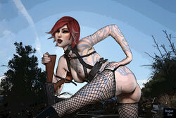 ass assault_rifle bent_over borderlands borderlands_2 fishnets gun lilith_(borderlands) pussy red_hair rogue_evo siren_(borderlands) tattoo weapon yellow_eyes