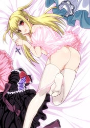 bed blonde_hair cross crossdressing feet garter_belt garters long_hair maria_holic mole panties panty_pull red_eyes shidou_mariya stocking_feet thighhighs tied_hair trap twintails udk underwear_down