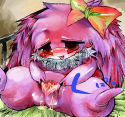 blush bow cave_story chaco furry mimiga open_mouth peeing purple_fur red_eyes spread_pussy t_(artist) thick_thighs