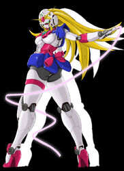 1girls 2007 amiba00 ass black_background blonde_hair breasts female g_gundam gundam high_heels humanoid long_hair mecha mobile_suit nobel_gundam presenting robot_girl solo standing tagme white_skin wide_hips