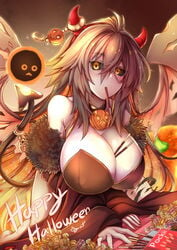 1girls 2020 :< absurd_res artist_name black_hole black_hole_girl_(cigar_cat) black_sclera blush breasts candy chibi cigar_cat cleavage collar costume demon_horns demon_tail demon_wings eating eyebrows_visible_through_hair fake_horns fake_tail fake_wings female food food_between_breasts fur_trim grey_skin hair_between_eyes halloween halloween_costume happy_halloween highres horn_ring huge_breasts jack-o'-lantern jewelry long_hair m87_black_hole mouth_hold nail_polish open_clothes orange_eyes orange_hair orange_nails pocky pumpkin ring signature tail tail_ring two_tone_hair very_long_hair white_skin wings