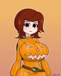 1girls 2d big_breasts bimbo black_eyes blush boob_window breast_focus breasts clothed clothed_female dodo-bot female female_only fully_clothed halloween jack-o'-lantern jack-o-lantern large_breasts looking_at_viewer mii mii_gunner mii_gunner_(smash_4) mob_face nintendo simple_background solo solo_female super_smash_bros. super_smash_bros._for_nintendo_3ds_and_wii_u tagme top_heavy underboob watermark wide_hips