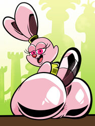 anthro anus ass big_butt bottomless cartoon_network chowder_(series) clothed clothing coremindsdark felid female fur genitals half-closed_eyes hi_res huge_butt lagomorph leporid looking_at_viewer looking_back mammal narrowed_eyes open_mouth panini panini_(chowder) partially_clothed pink_body pink_eyes pink_fur pussy rabbit rear_view sitting smile solo teeth thick_thighs tongue wide_hips young