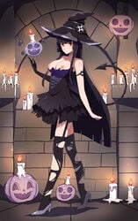 black_gloves black_hair blush breasts candle candlelight closed_mouth costume embarrassed female glass_(tate_no_yuusha_no_nariagari) gloves halloween halloween_costume hat highres long_hair pumpkin red_eyes solo standing stefv tate_no_yuusha_no_nariagari very_long_hair witch witch_hat