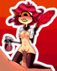 1_eye 1boy 1girls blitztreik breasts demon demon_girl feathers female hazbin_hotel imminent_penetration imminent_sex niffty nipples orange_eyes penis pussy red_background red_hair red_lipstick sharp_teeth shirt_lift short_hair smaller_female smooth_skin spray_bottle stockings straight unseen_male_face vivienne_medrano white_skin