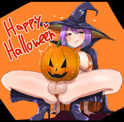 1futa animate_inanimate areolae balls breasts clothed clothing erection food food_penetration fucking_pumpkin futa_only futa_sans_pussy futanari halloween hat huge_breasts human intersex light-skinned_futanari light_skin looking_at_viewer mostly_nude pale_skin penis pumpkin seranon shiratori_serano solo solo_futa spread_legs squatting sweat taint testicles witch_hat