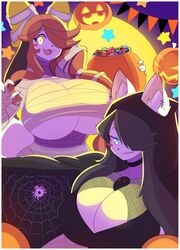 :3 anthro big_breasts black_hair blue_eyes blush breast catgirl cleavage costume dark_hair halloween holly_applebee huge_breasts large_breasts looking_at_viewer maggie_applebee mother_and_daughter mummy one_eye_covered smile smug theycallhimcake thick top_heavy underboob voluptuous