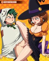 1boy 1girls bed_sheet bedsheet_ghost big_breasts blush breasts brown_eyes brown_hair choker cleavage clothed_sex costume cowgirl_position cum cum_in_pussy cum_inside earrings female ghost_costume green_eyes green_hair halloween halloween_costume izuku_midoriya my_hero_academia nail_polish no_panties ochako_uraraka open_mouth reit rosy_cheeks sex short_hair skirt skirt_up teenage teenage_couple teenage_sex teenager teens vaginal_penetration vaginal_sex watermark wet witch witch_costume witch_hat