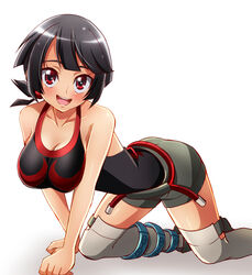 all_fours big_breasts black_hair breasts hanging_breasts on_all_fours pokemon red_eyes sharumon shoulders smile tank_top thighs zinnia_(pokemon)