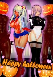 2girls 3d big_penis bishoujo_senshi_sailor_moon breasts clothing cold_(numbersguy) cosplay dark-skinned_male dark_skin english_text female female_focus halloween interracial jack-o'-lantern koikatsu large_breasts leotard male multiple_males nier:_automata nipples numbersguy original panties penis pumpkin sailor_moon_(cosplay) skirt stockings text warm_(numbersguy) yorha_2b_(cosplay)