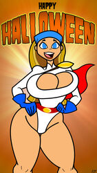 1girls bandana big_breasts blonde_hair blue_eyes breasts cape cosplay costume crossover_cosplay dc halloween halloween_costume happy_halloween lindsay_(tdi) power_girl_(cosplay) rustysh4ckl3ford thick_thighs total_drama_(series) total_drama_island