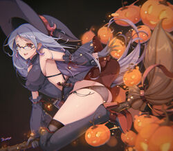 1girls 2020 blue_hair broom colored colored_background earrings female glasses halloween little_witch_academia long_hair open_mouth pale-skinned_female pale_skin panties pixiv pumpkin senjouhara_nira shiny_skin side_boob studio_trigger tagme ursula_callistis witch witch_hat