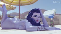 3d 3d_(artwork) barefoot beach exposed_ass exposed_breasts exposed_butt feet feet_up kehu_nf looking_at_viewer nude overwatch sideboob squished_breasts widowmaker