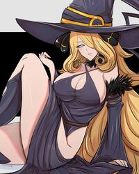 1girls bare_hips blonde blonde_female blonde_hair cleavage cynthia_(pokemon) female game_freak long_hair nintendo omiza_somi pokémon pokemon pokemon_champion pokemon_dppt sideboob solo solo_female tagme witch_costume witch_hat