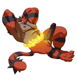 2020 anthro armpit_hair balls body_hair erection felid feline fur genitals hi_res humanoid_genitalia humanoid_penis incineroar kumammoto_(artist) lying male male_only mammal muscular muscular_anthro muscular_male nintendo nude on_back penis pokémon_(species) pokemon red_body red_fur simple_background solo video_games