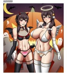 2girls angel_and_devil breasts cleavage female female_only garter_belt kono_subarashii_sekai_ni_shukufuku_wo! kushishekku large_breasts looking_at_viewer megumin pubic_tattoo thighhighs yunyun_(konosuba)