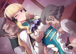 2boys bangs black_bow black_panties blonde_hair blue_dress blue_eyes blush bow breast_grab breasts brooch cape dress dress_lift elf female grabbing groping hair_ornament hairbow highres jewelry large_breasts long_hair marugoshi_(54burger) multiple_boys one_eye_closed open_mouth panties pointy_ears princess_connect! princess_connect!_re:dive saren_(princess_connect!) sidelocks straight underwear white_cape