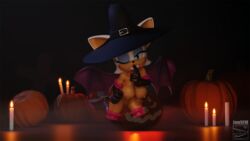 16:9 anthro big_breasts black_background breasts candle chiropteran clothed clothing female genitals halloween hat headgear headwear hi_res holidays jawsfm mammal mobian_(species) nipples nude one_eye_closed partially_clothed pumpkin pussy rouge_the_bat sega simple_background solo sonic_(series) sonic_the_hedgehog_(series) translucent widescreen wings wink witch_hat