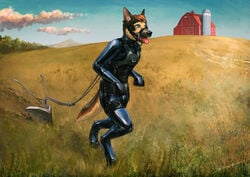 2019 anthro biped blinders bondage bulge canid canine canis clothing cloud detailed_background deusexmoose digital_media_(artwork) domestic_dog eyewear farm hi_res male male_only malesub mammal mountain open_mouth outside petplay plow ponyplay roleplay rubber rubber_suit silo sky solo tongue tongue_out tree