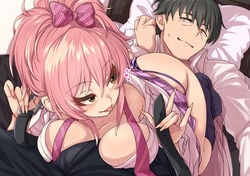 1girls 69 69_position black_hair blush breasts female female_on_top gyaru hair idolmaster idolmaster_cinderella_girls imminent_oral imminent_sex jougasaki_mika long_nails male morino_shoutarou on_bed panties pink_hair producer_(idolmaster) producer_(idolmaster_cinderella_girls_anime) unbuckled_belt unbuttoned_shirt yellow_eyes