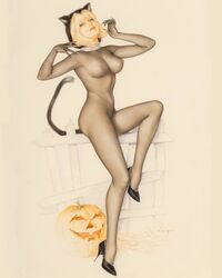 1girls alberto_vargas artist_name black_heels blonde_hair bodystocking calendar_girl cat_ears cat_tail catgirl catsuit costume female female_only fence footwear green_eyes halloween halloween_costume happy_halloween heels jack-o'-lantern long_legs long_nails mature_female medium_breasts mesh outdoors pinup pinup_girls pinup_pose playboy playboy_costume playboy_magazine pose posing pumpkin red_lipstick see-through see-through_clothing see_through shoes short_hair simple_background sitting sitting_on_fence smiling_at_viewer solo tail vintage