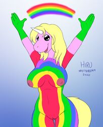 2020 adventure_time anthro anthrofied areola big_breasts blonde_hair breasts cartoon_network female hair hi_res hirurux horn lady_rainicorn mature_female multicolored_body nipples open_mouth rainbow rainbow_body rainicorn solo