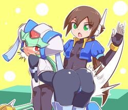 2girls aile artificial_skin ass bent_over blush breasts brown_hair capcom clothed cougar1404 cyborg dat_ass from_behind fully_clothed gloves green_eyes green_hair helmet human long_hair looking_back mega_man mega_man_zx mega_man_zx_advent multiple_girls open_mouth pandora_(mega_man) panties ponytail red_eyes reploid robot robot_girl rockman rockman_zx rockman_zx_advent shiny shiny_clothes shiny_hair spanked spanking staff tears thong underwear very_long_hair yuri