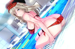 1girls 3d alisa_ilinichina_amiella ass ass_cleavage big_ass big_breasts bikini blonde_hair blush breasts butt_crack cocoron female god_eater hat koikatsu large_breasts looking_back pool sideboob sitting solo water